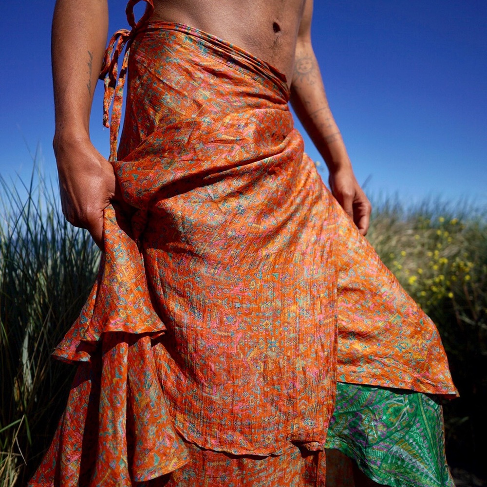 100% Silk dance wrap skirt orange and green